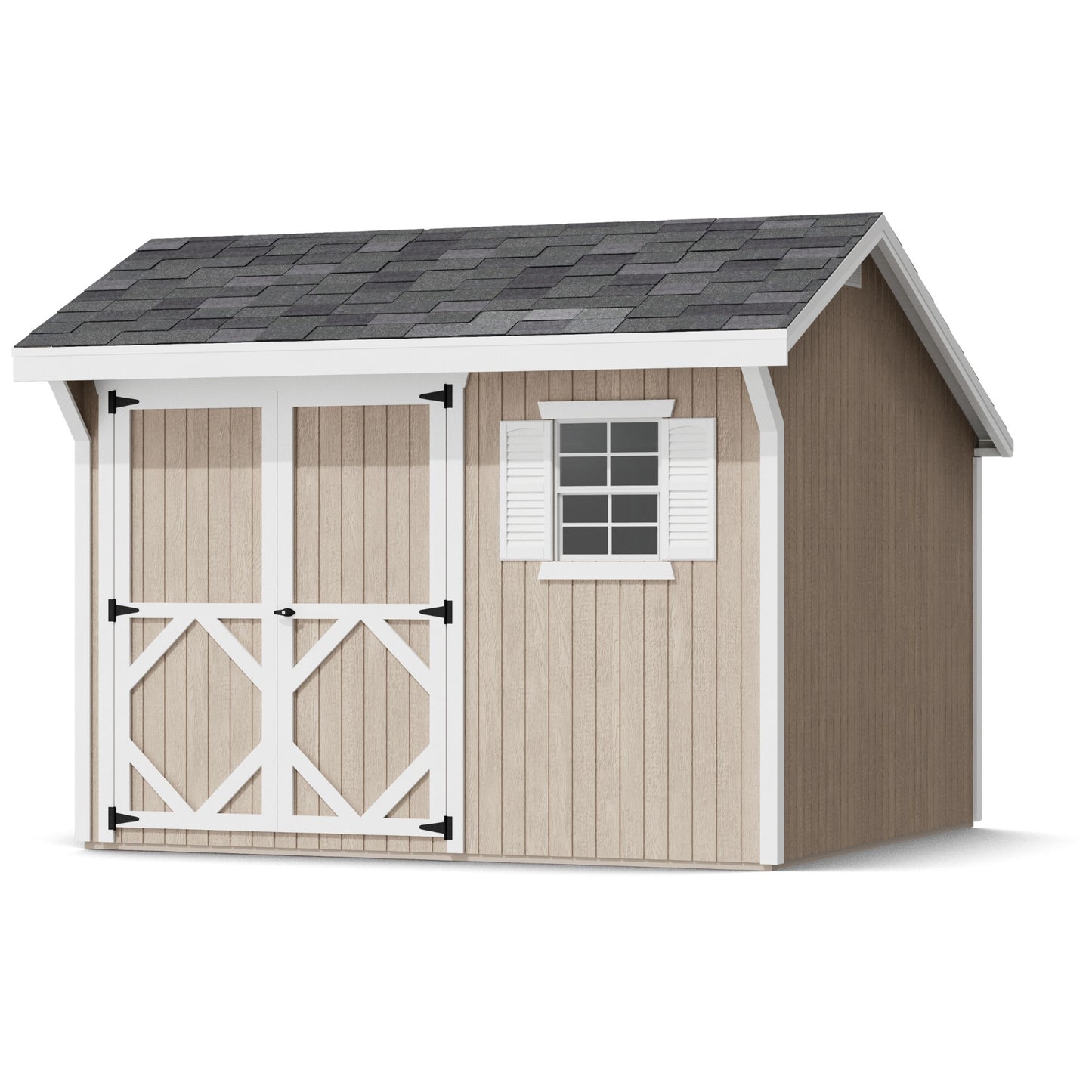 Wooden shed with a gray roof and white trim on a white background