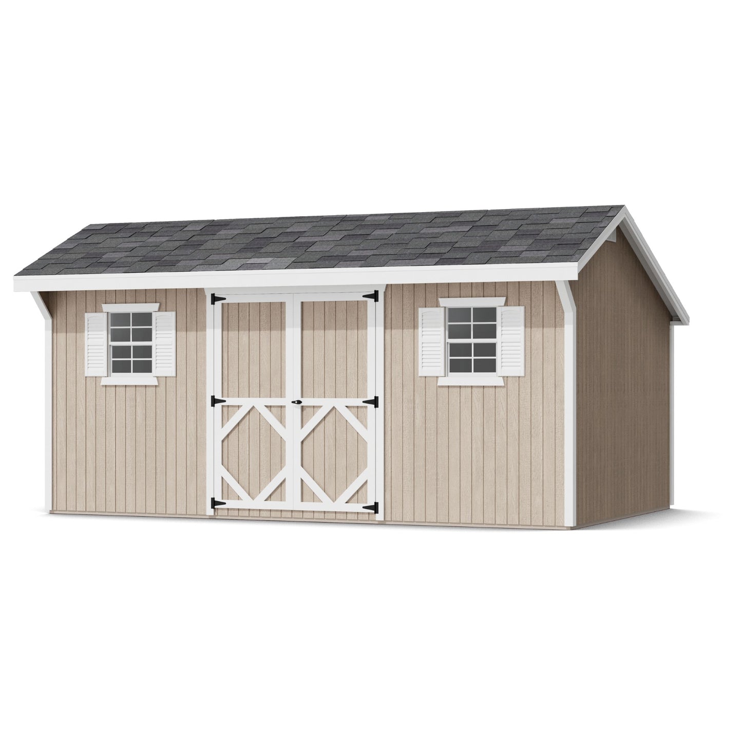 Wooden shed with a gray roof on a white background