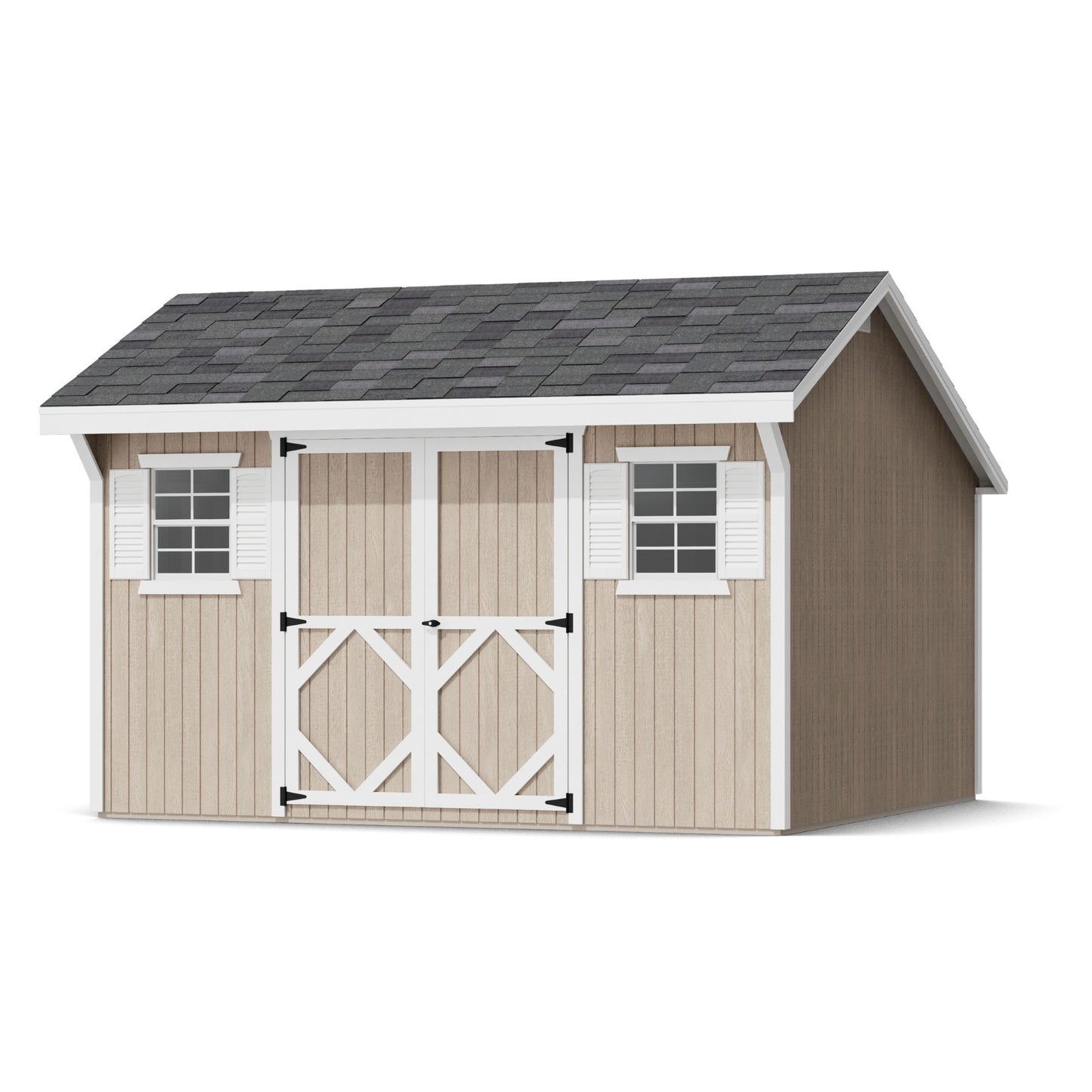 Wooden shed with a gray roof on a white background