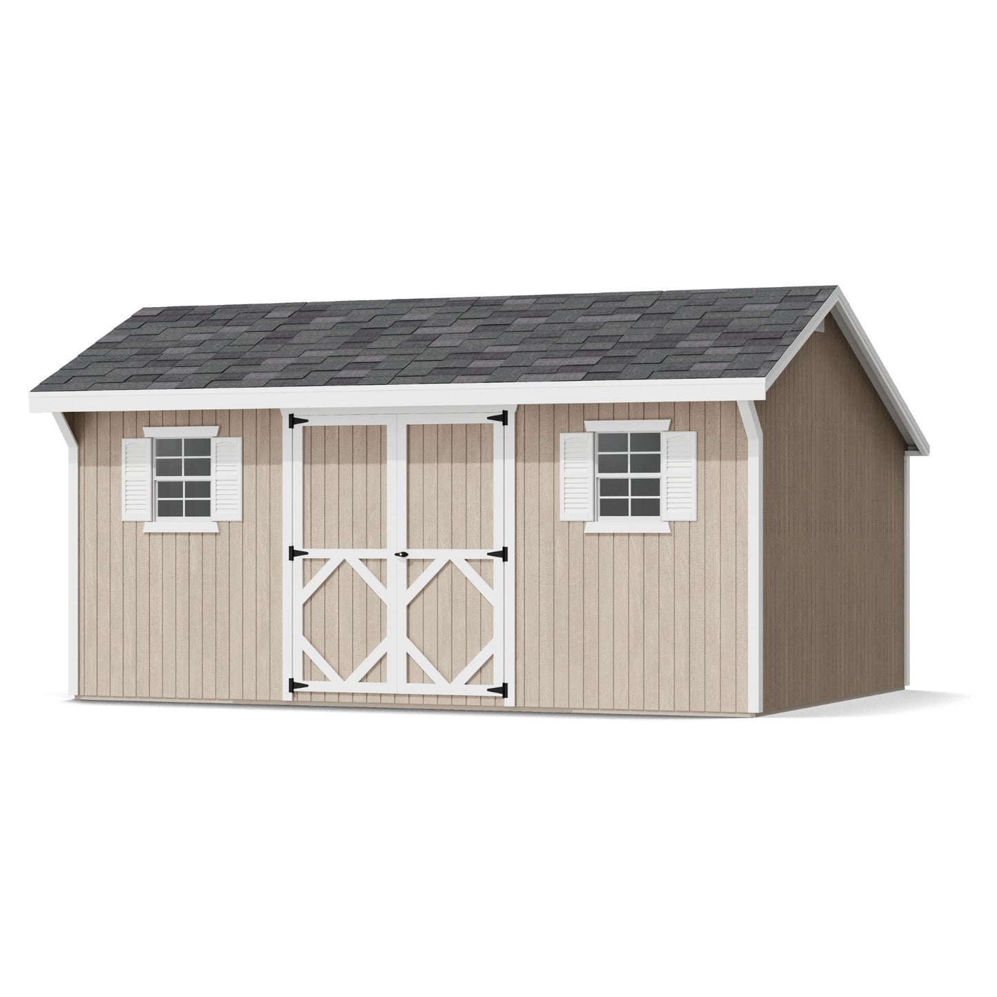 Wooden shed with a gray roof on a white background