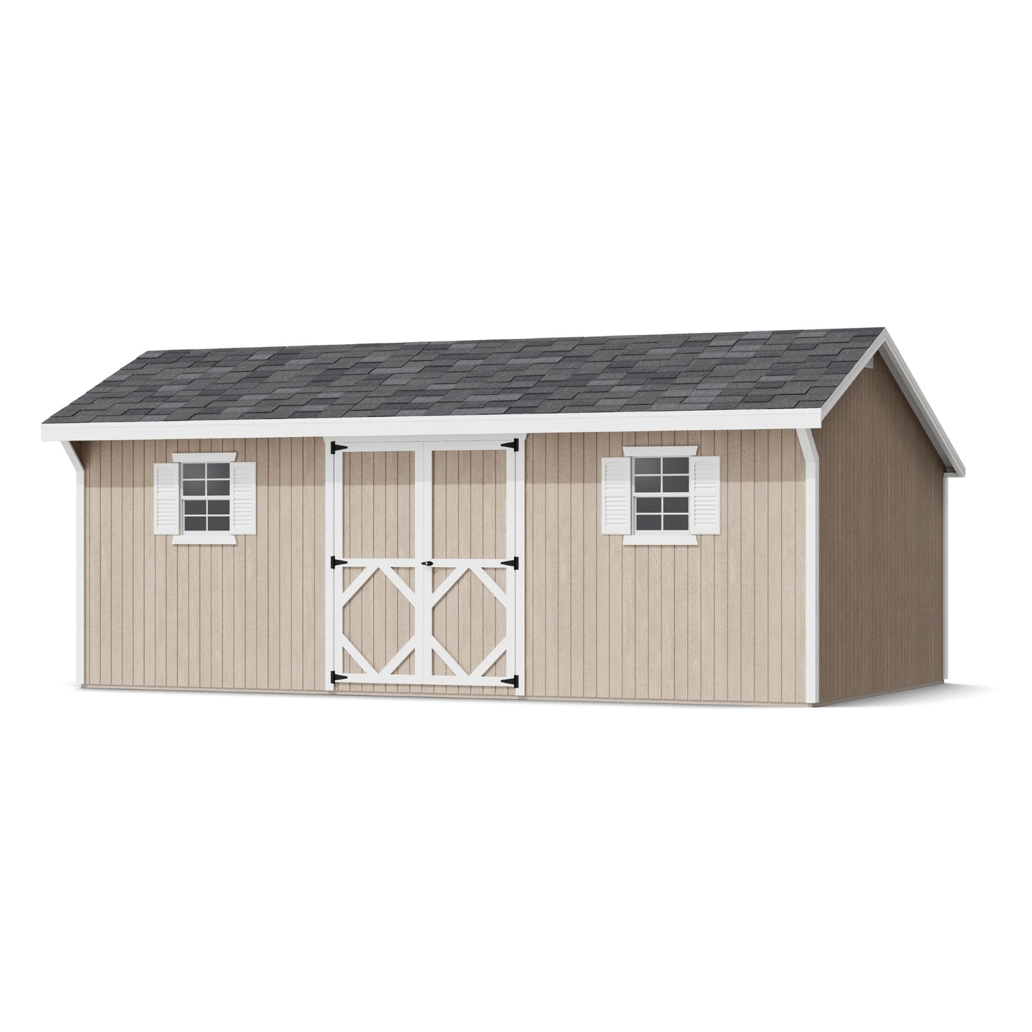 Wooden shed with a gray roof on a white background