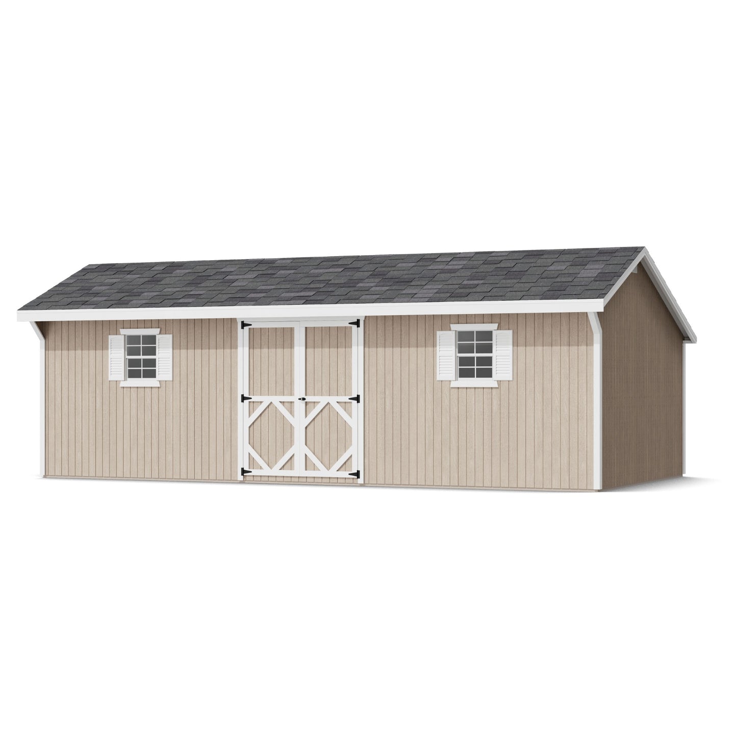 Beige storage shed with a gray roof on a white background