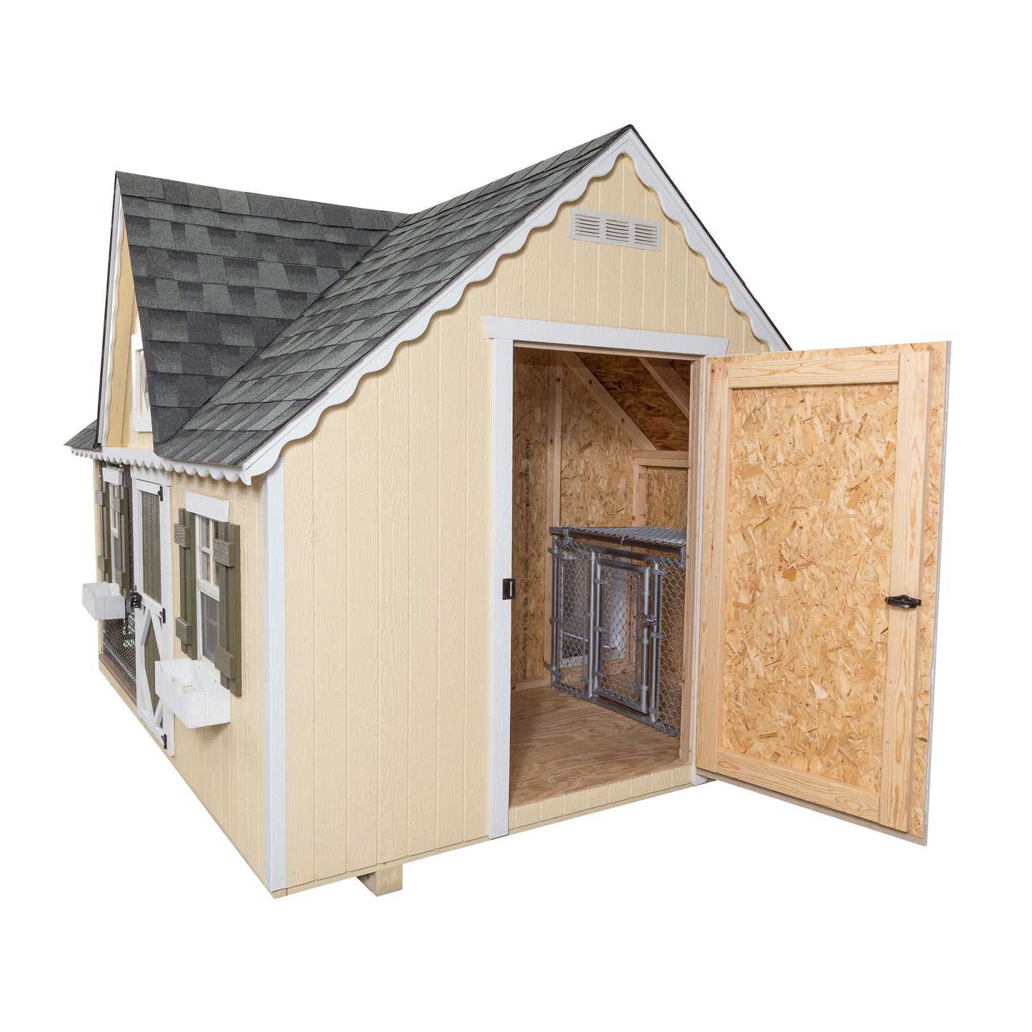 8x10 Victorian Cozy Kennel side door open on a white background
