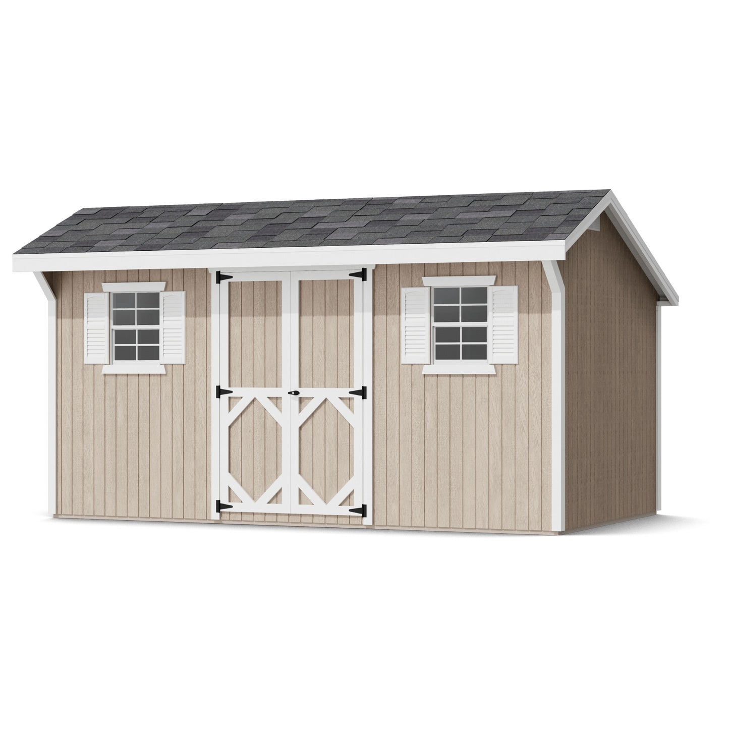 Wooden shed with a gray roof on a white background