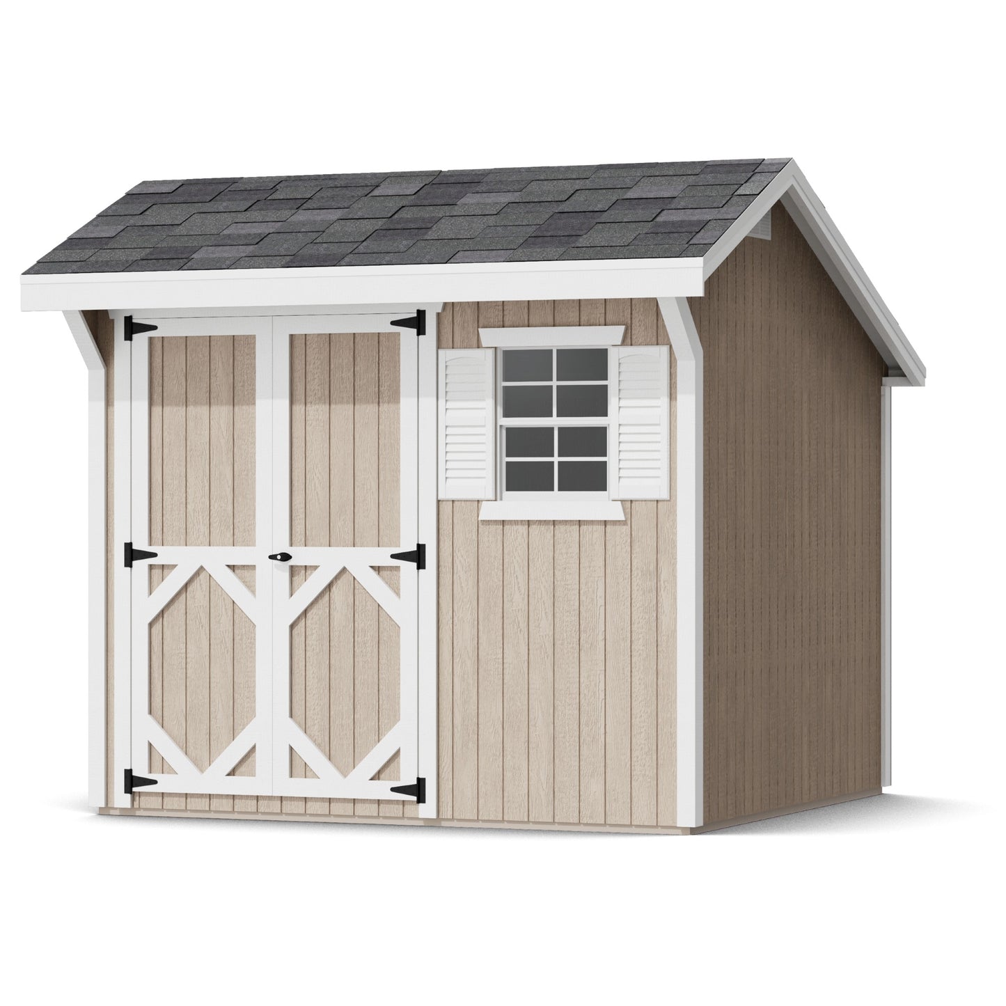 Wooden shed with a gray roof, white door, and window on a white background