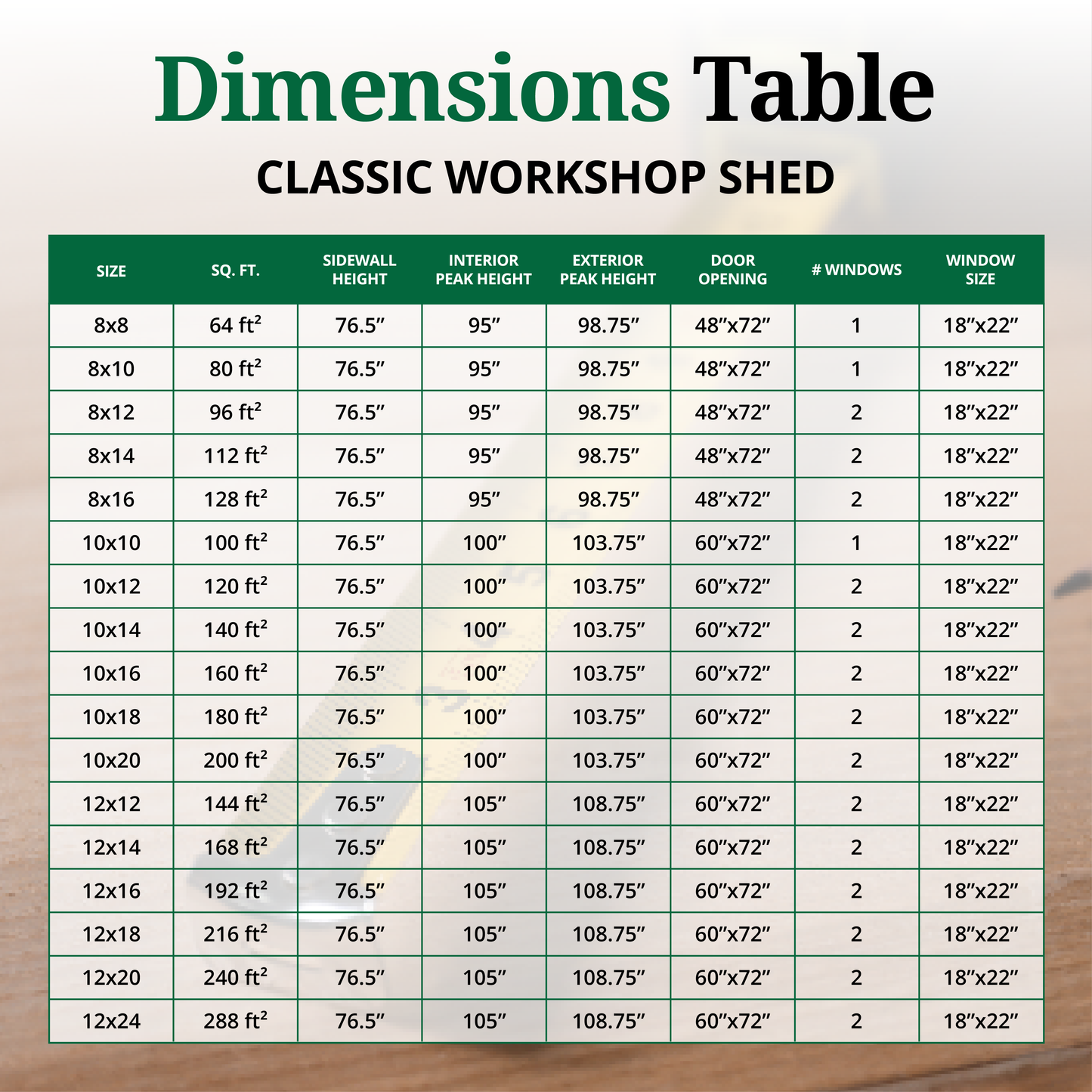 Classic workshop shed dimensions table