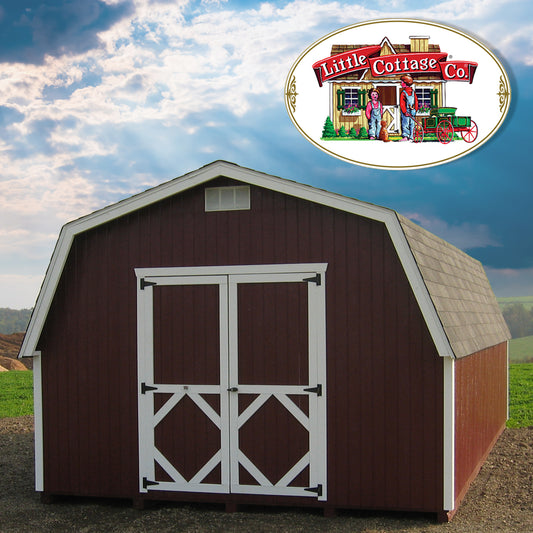 Red classic Gambrel Barn in yard.