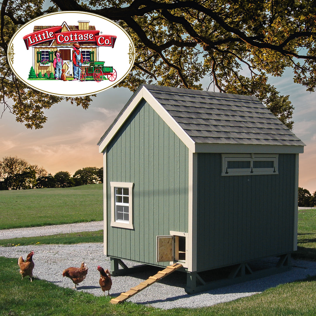 Green chicken coop in backyard with chickens in front of.