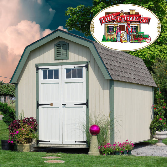 Storage shed in backyard with stone pathway and flowers.