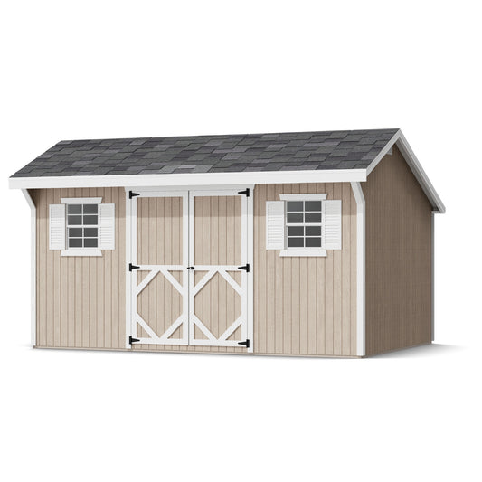 Wooden shed with a gray roof on a white background