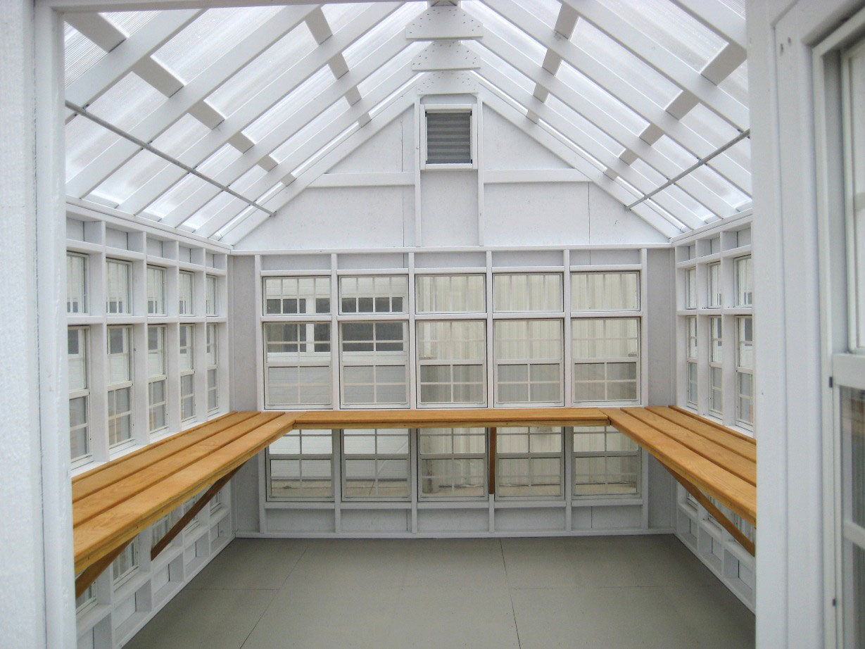 10x16 Colonial Gable Greenhouse interior with shelves