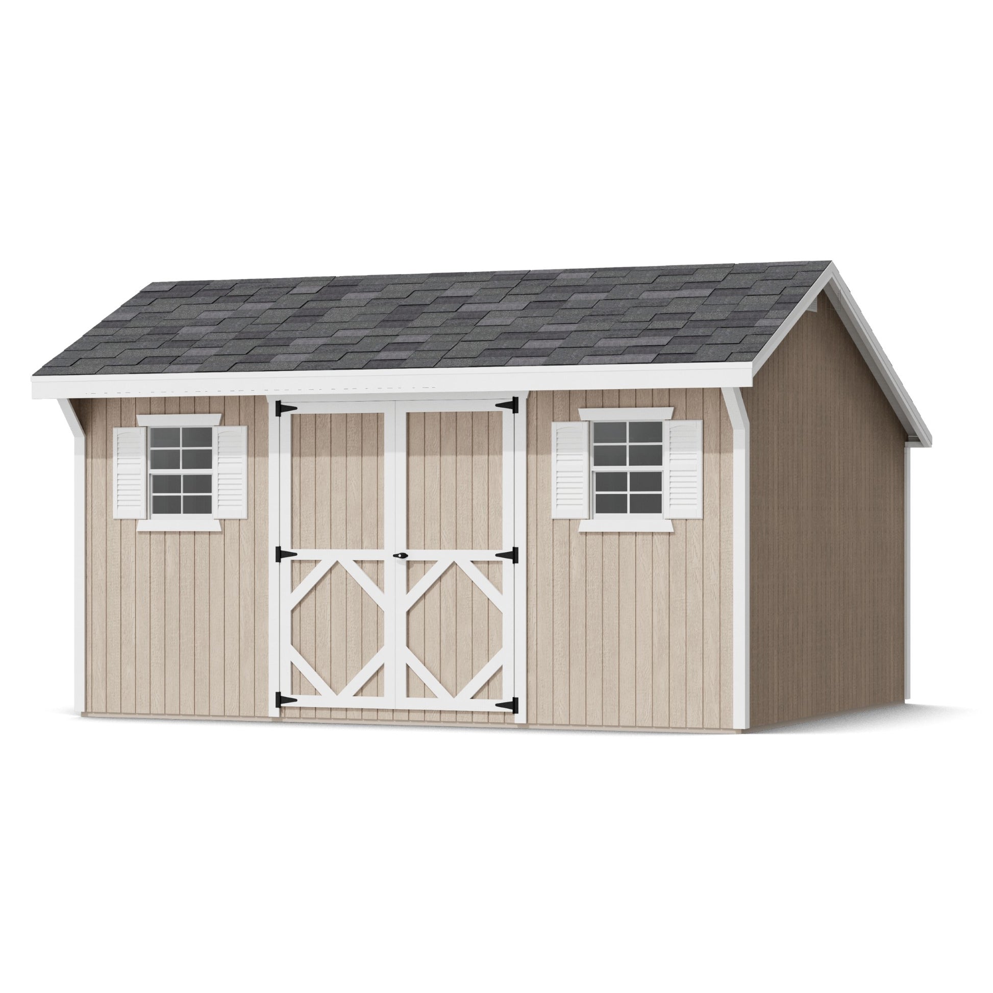 Wooden shed with a gray roof on a white background