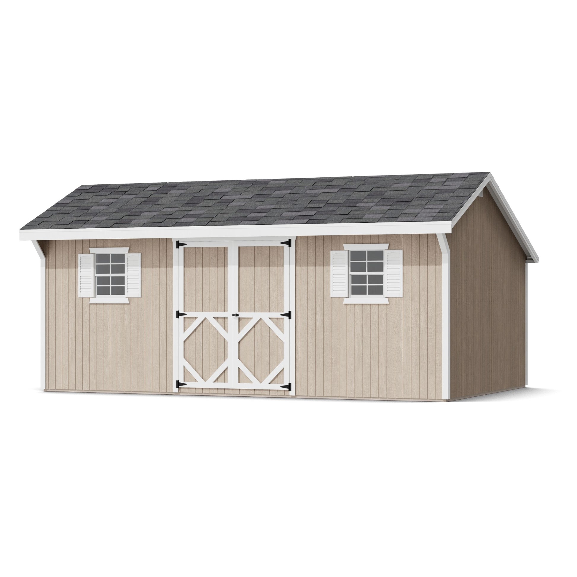 Wooden shed with a gray roof on a white background