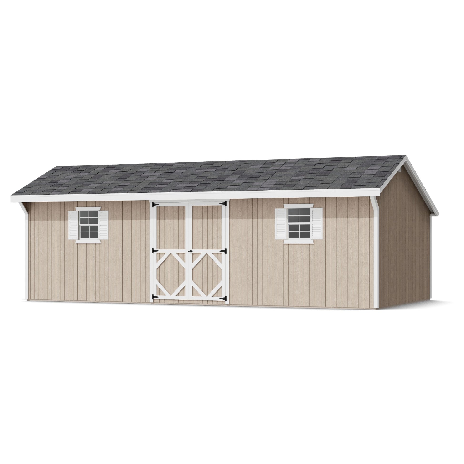 Beige storage shed with a gray roof on a white background