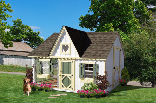 8x10 Victorian Cozy Kennel with dog and flowers in front