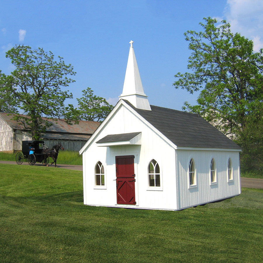 8x12 Little Cottage Chapel with buggy in background