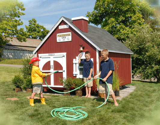 8x8 Firehouse Playhouse with kids playing outside