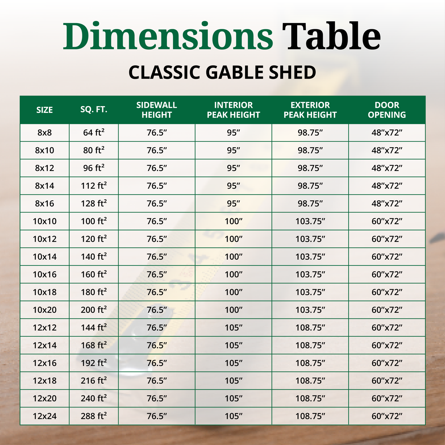 classic gable shed dimensions table