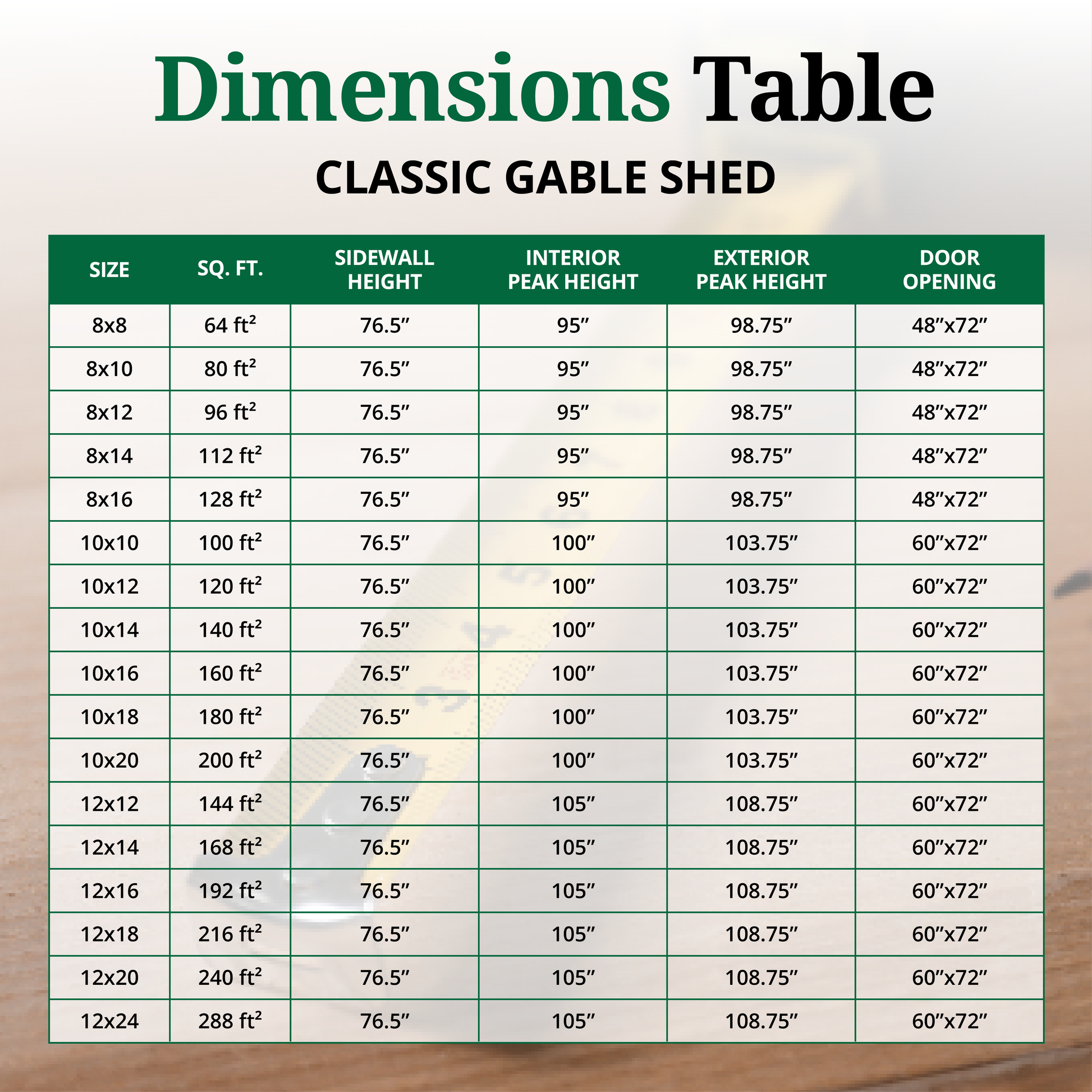 classic gable shed dimensions table