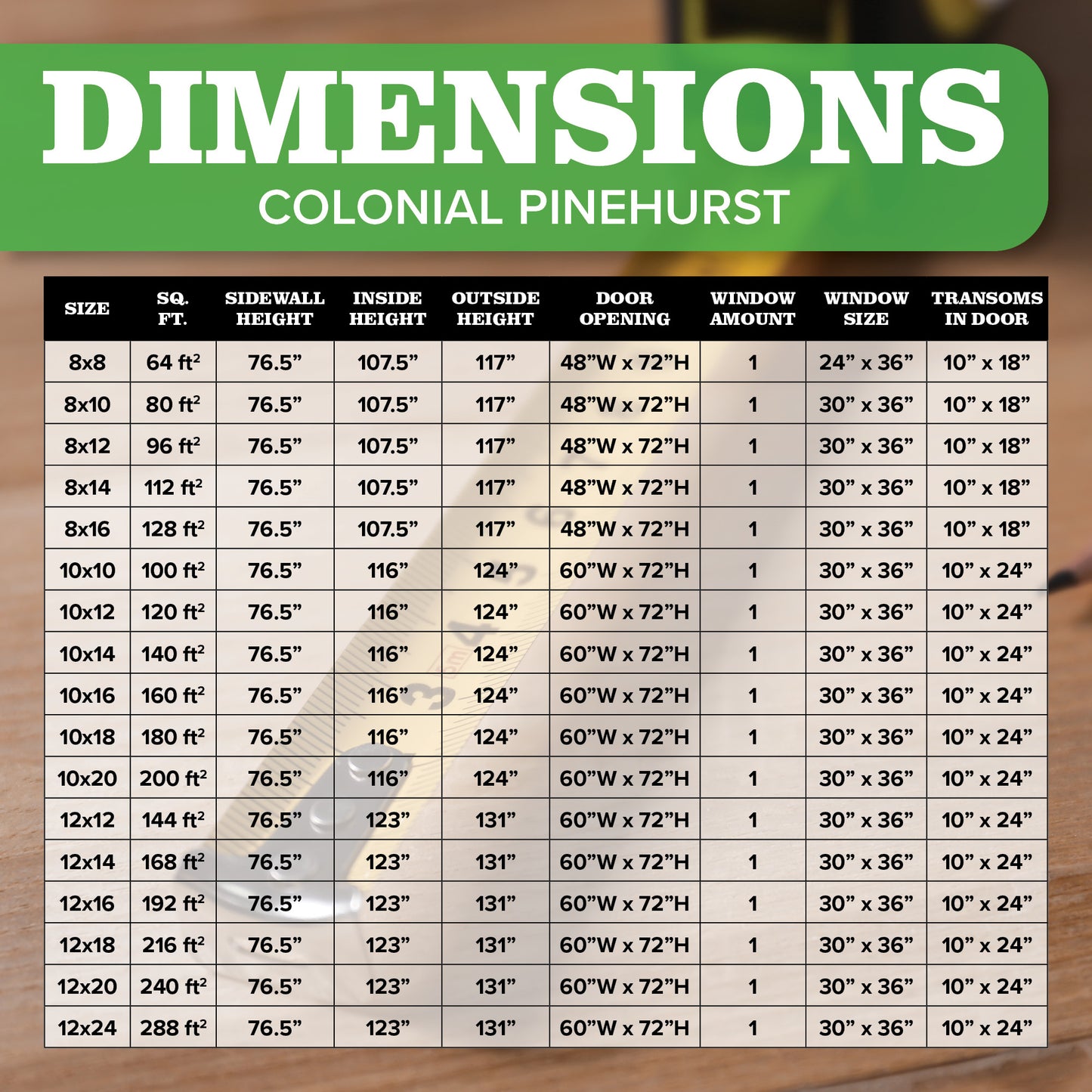 dimensions for colonial pinehurst shed